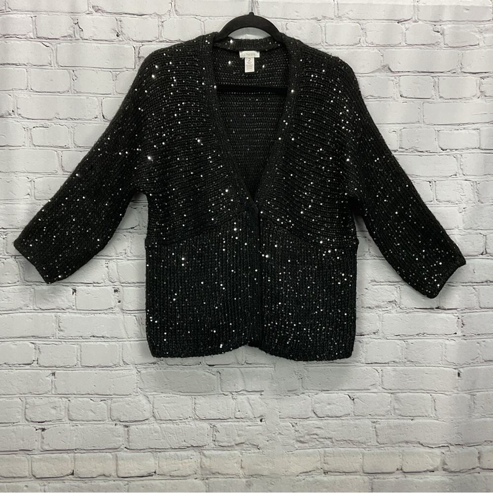 Chico's Sequin Wool Blend Cardigan Womens Size 2 (M-12) Black Glitz Snap Closure